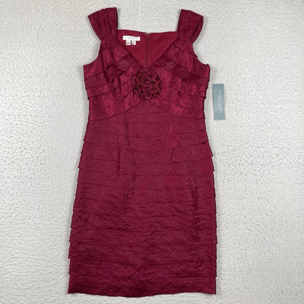 London Times Petites Dress Womens 8P Sangria Cocktail Tiered Rosette Party New